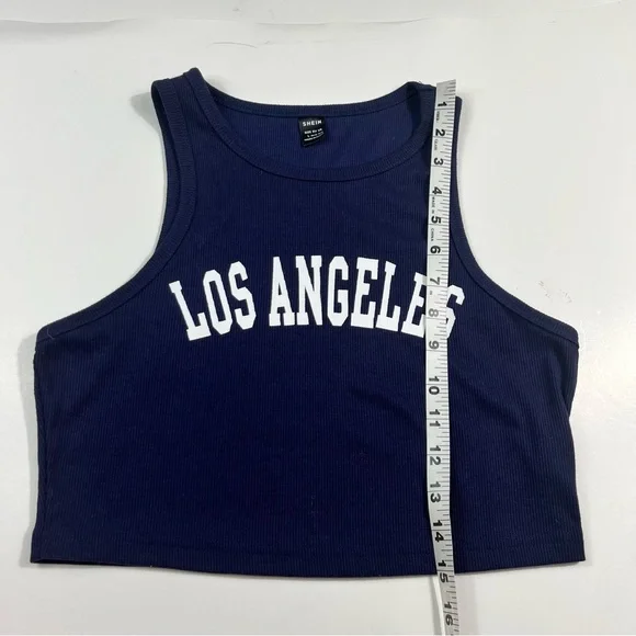 SHEIN Los Angeles Navy Cropped Racerback Spellout Collegiate Graphic Tank Top L - Picture 5 of 6